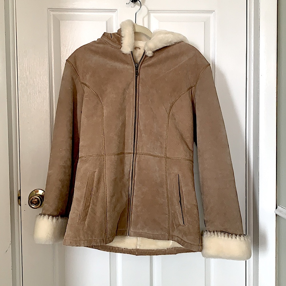 Wilsons Hooded Leather Coat Beige Faux Fur Lining Women’s Size Medium